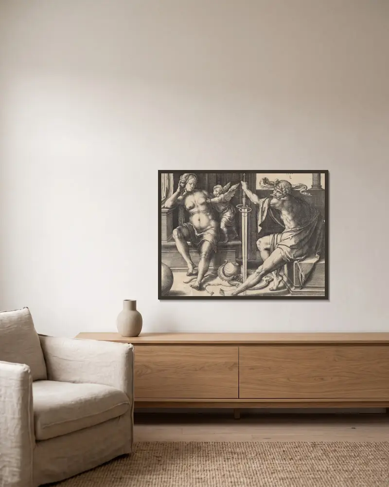Mars, Venus, and Cupid av Lucas Van Leyden inramad på en vägg
