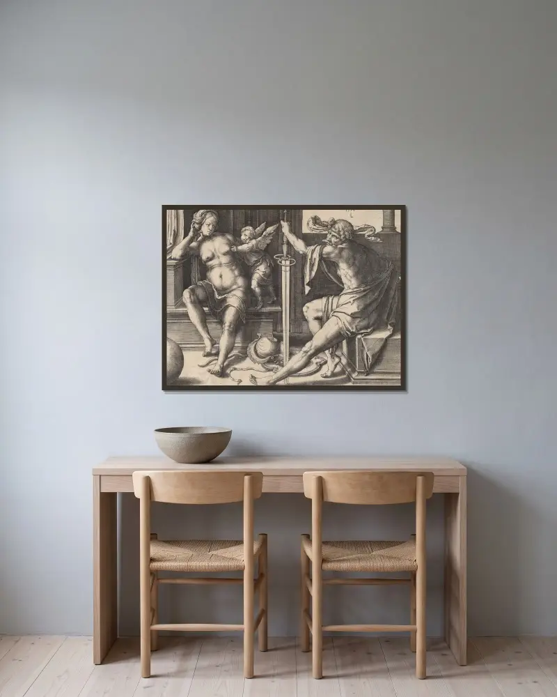 Mars, Venus, and Cupid av Lucas Van Leyden inramad på en vägg