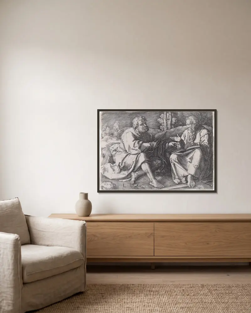 De heliga Petrus och Paulus sittande i ett landskap av Lucas Van Leyden inramad på en vägg