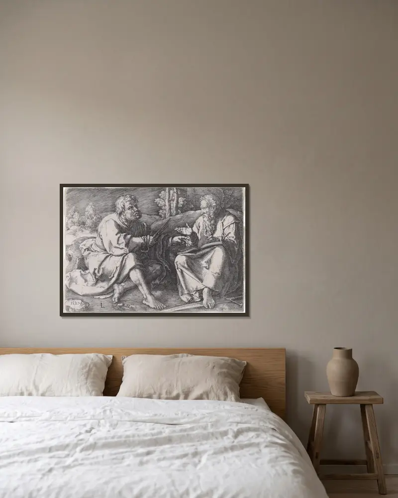 De heliga Petrus och Paulus sittande i ett landskap av Lucas Van Leyden inramad på en vägg
