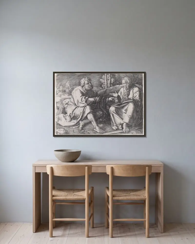 De heliga Petrus och Paulus sittande i ett landskap av Lucas Van Leyden inramad på en vägg