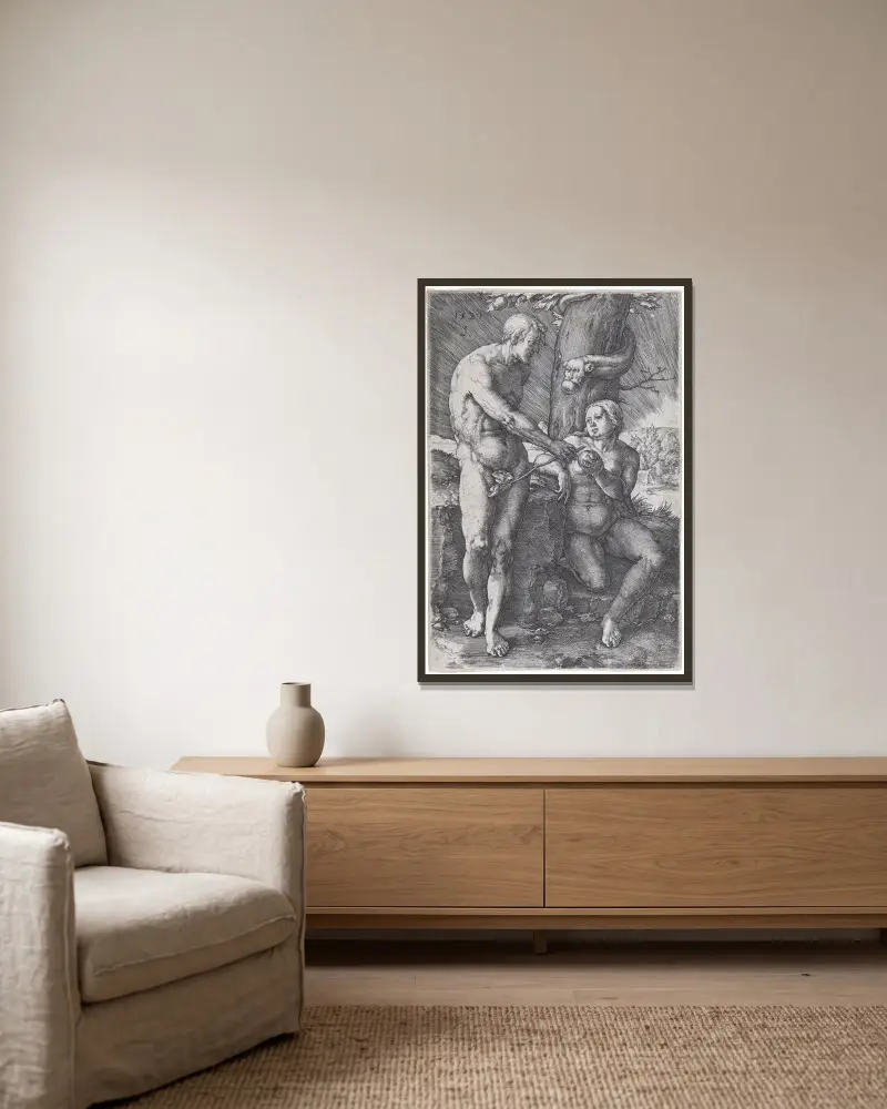 The Fall of Man, 1529 – nr 2 av Lucas Van Leyden inramad på en vägg