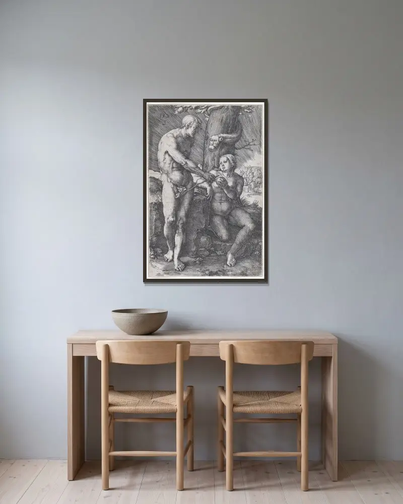 The Fall of Man, 1529 – nr 2 av Lucas Van Leyden inramad på en vägg
