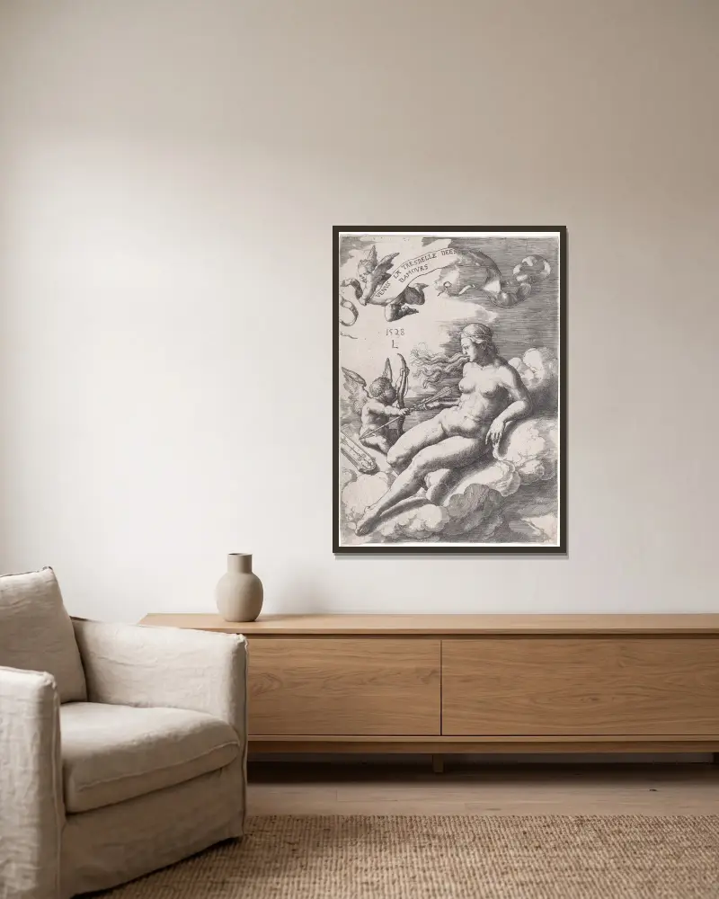 Venus und Amor von Lucas Van Leyden gerahmt an einer Wand