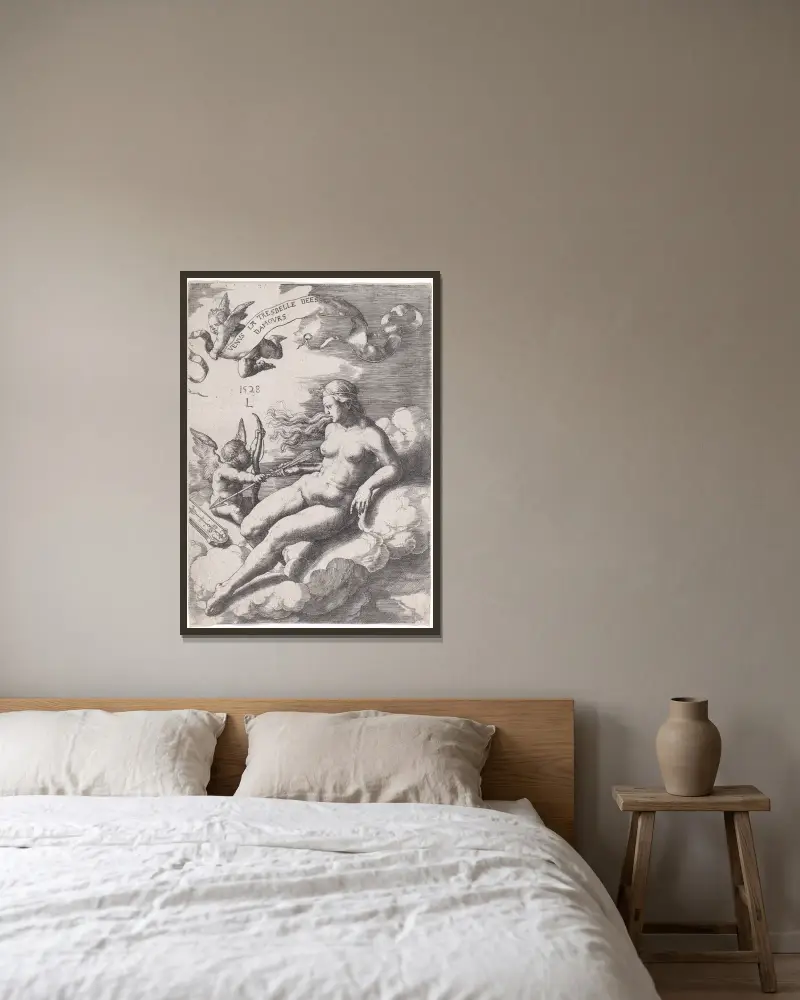 Venus und Amor von Lucas Van Leyden gerahmt an einer Wand