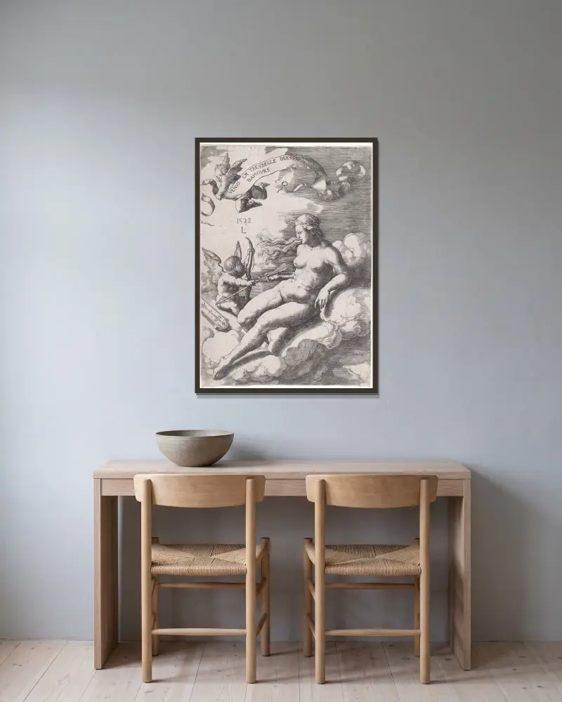 Venus und Amor von Lucas Van Leyden gerahmt an einer Wand