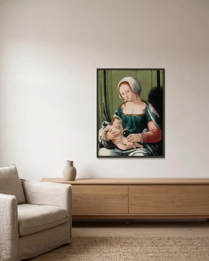 Virgin and Child av Lucas Van Leyden inramad på en vägg