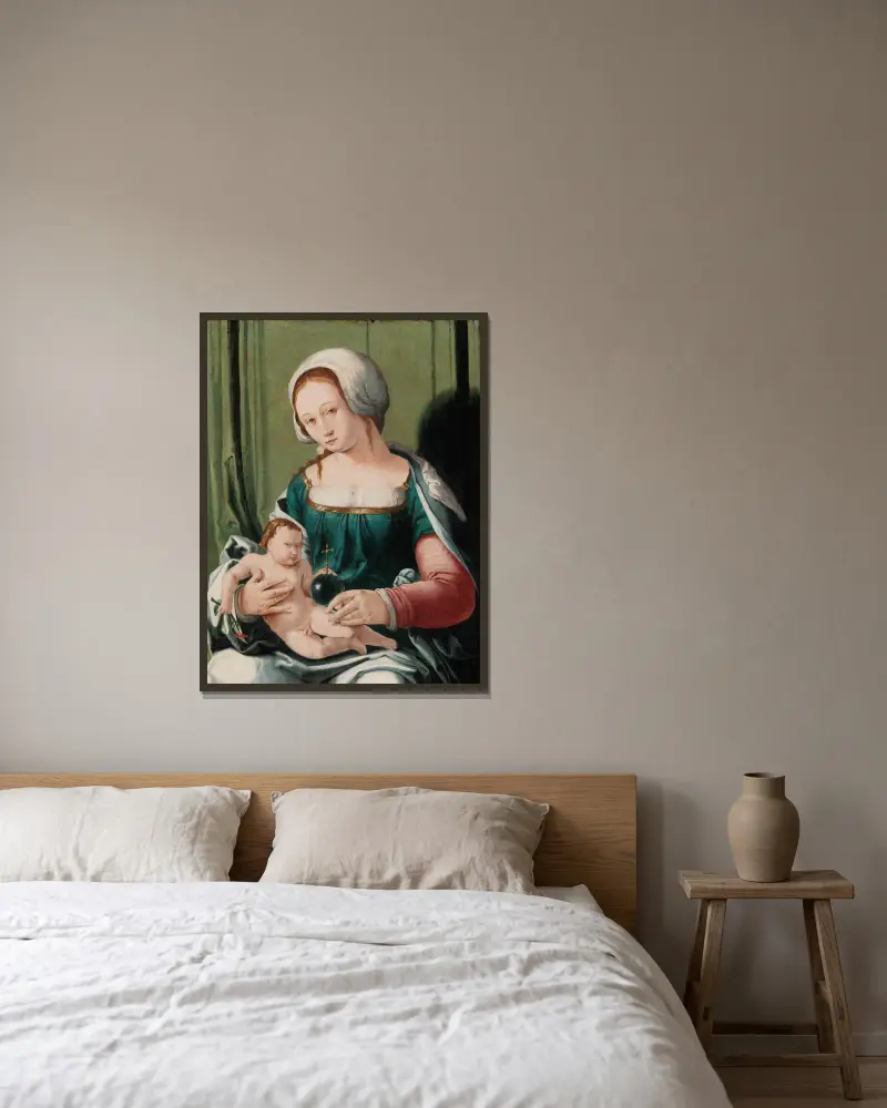 Virgin and Child av Lucas Van Leyden inramad på en vägg