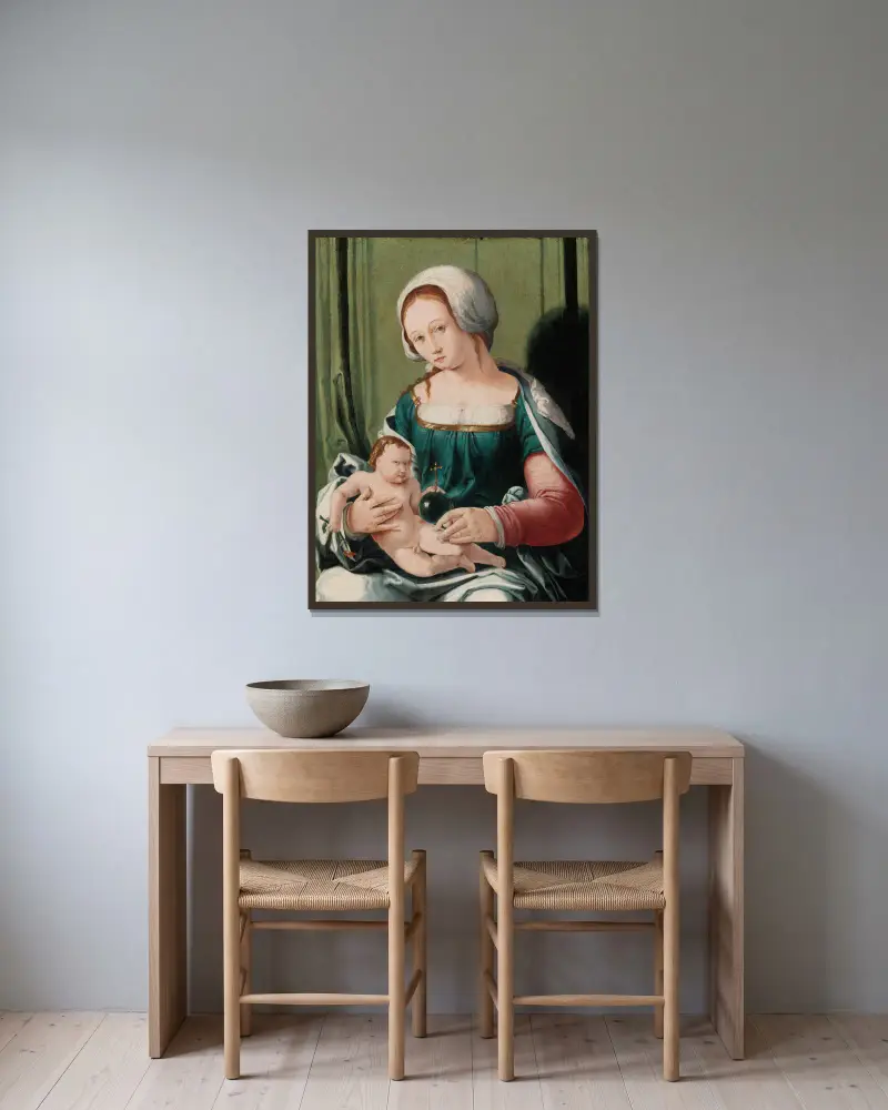 Virgin and Child av Lucas Van Leyden inramad på en vägg