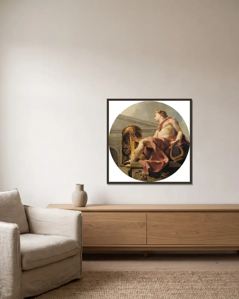 Apollo sitzend mit Lyra vor einer Athenienne und einer Schlange von Charles-André van Loo gerahmt an einer Wand