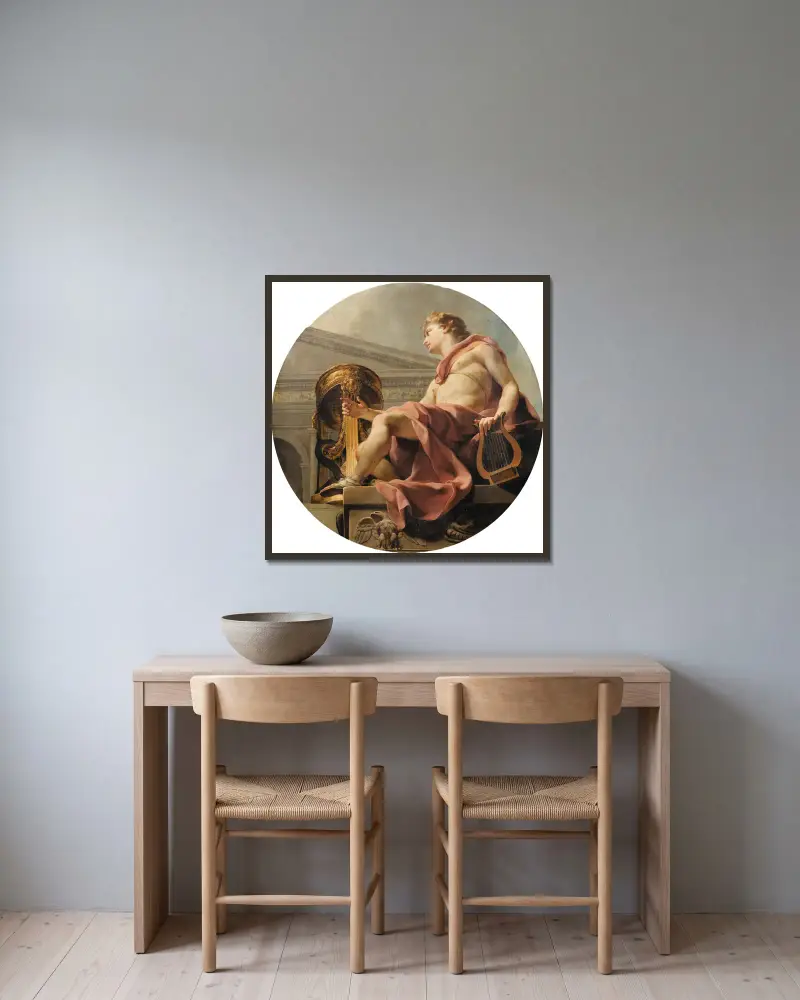 Apollo sitzend mit Lyra vor einer Athenienne und einer Schlange von Charles-André van Loo gerahmt an einer Wand