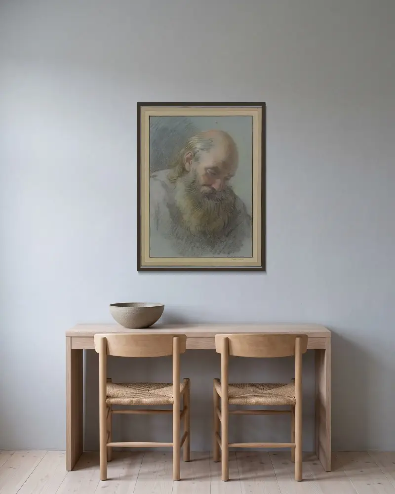 Kopf eines bärtigen alten Mannes av Charles-André van Loo inramad på en vägg