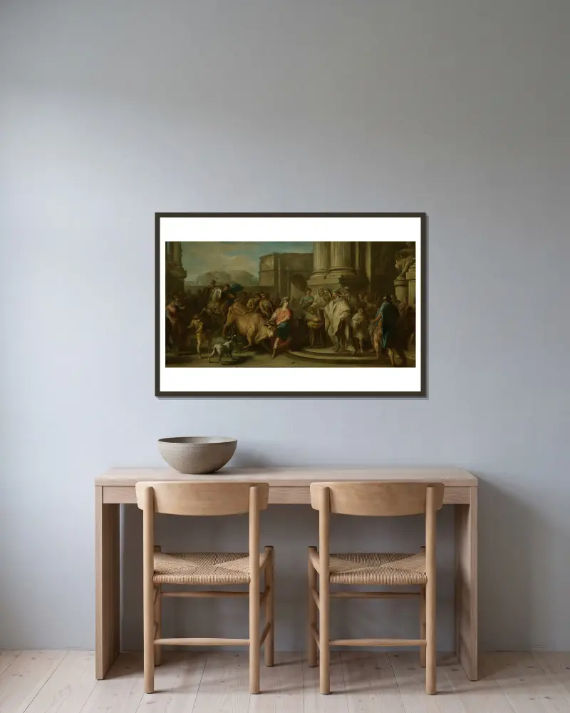 Theseus tämjer maratoniska tjuren av Charles-André van Loo inramad på en vägg