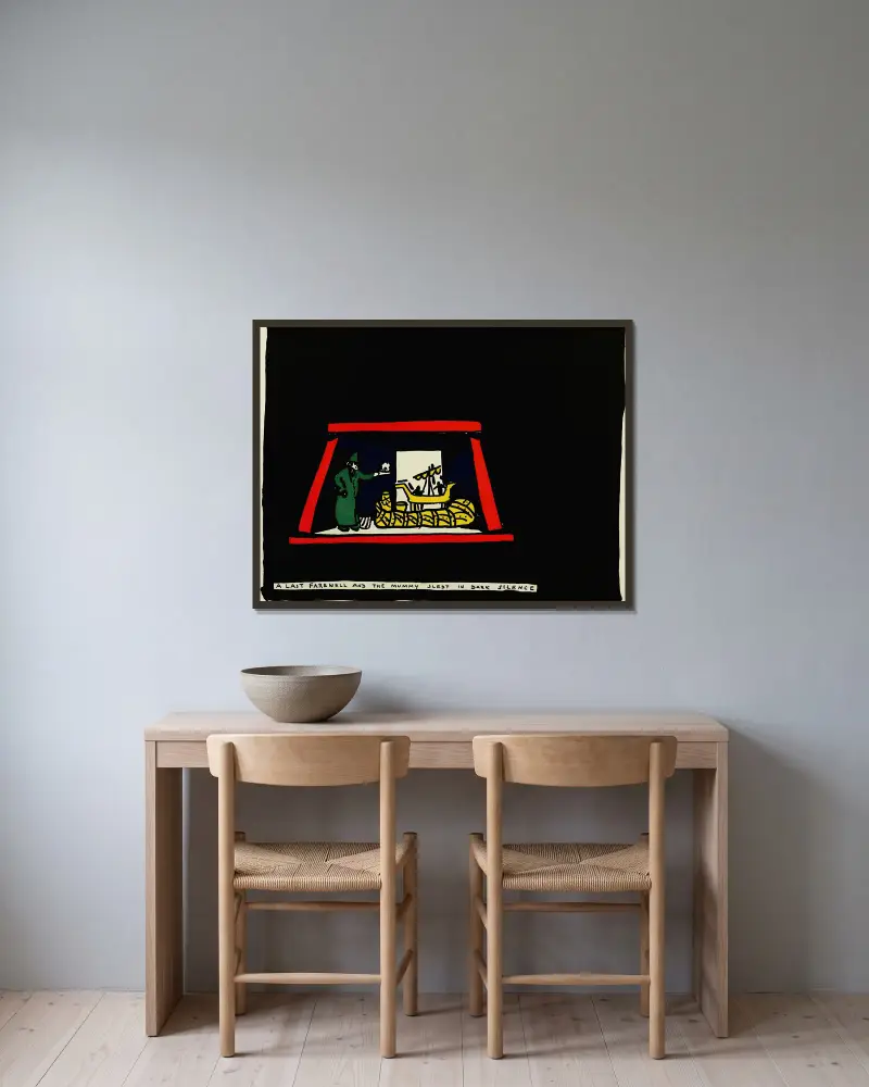 Ein letzter Abschied und die Mumie schlief in dunkler Stille von Hendrik Willem Van Loon gerahmt an einer Wand
