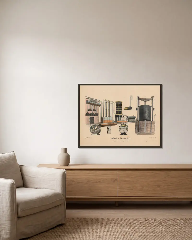 Gasfabriek en gasmeter von Hendrik Jan van Lummel gerahmt an einer Wand