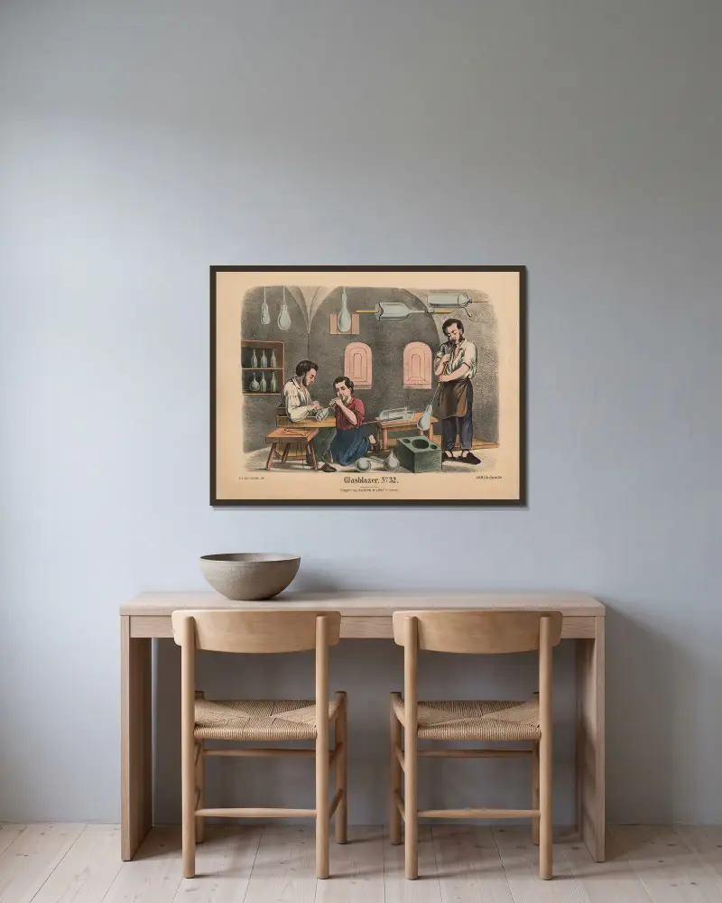 Glasblazer. No. 32 av Hendrik Jan van Lummel inramad på en vägg