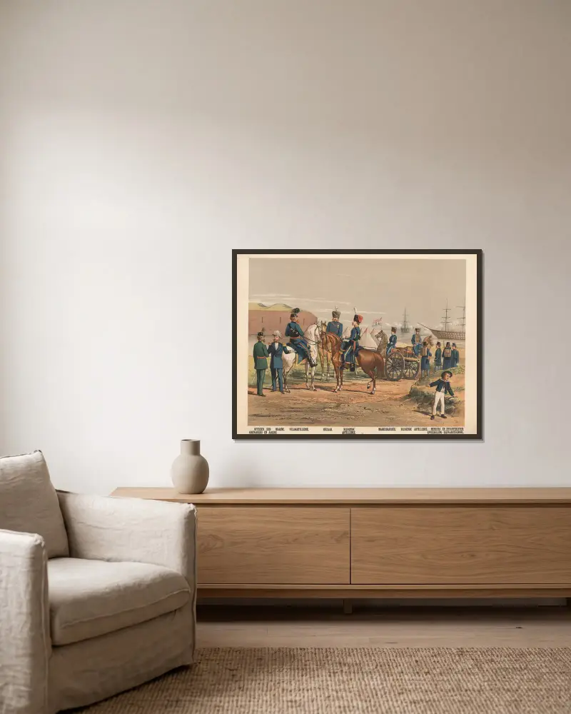 Offizier der Grenadiere und Jäger. Berittene Artillerie. Marechaussee. Berittene Artillerie. Zögling der Seefahrtsschule. von Hendrik Jan van Lummel gerahmt an einer Wand