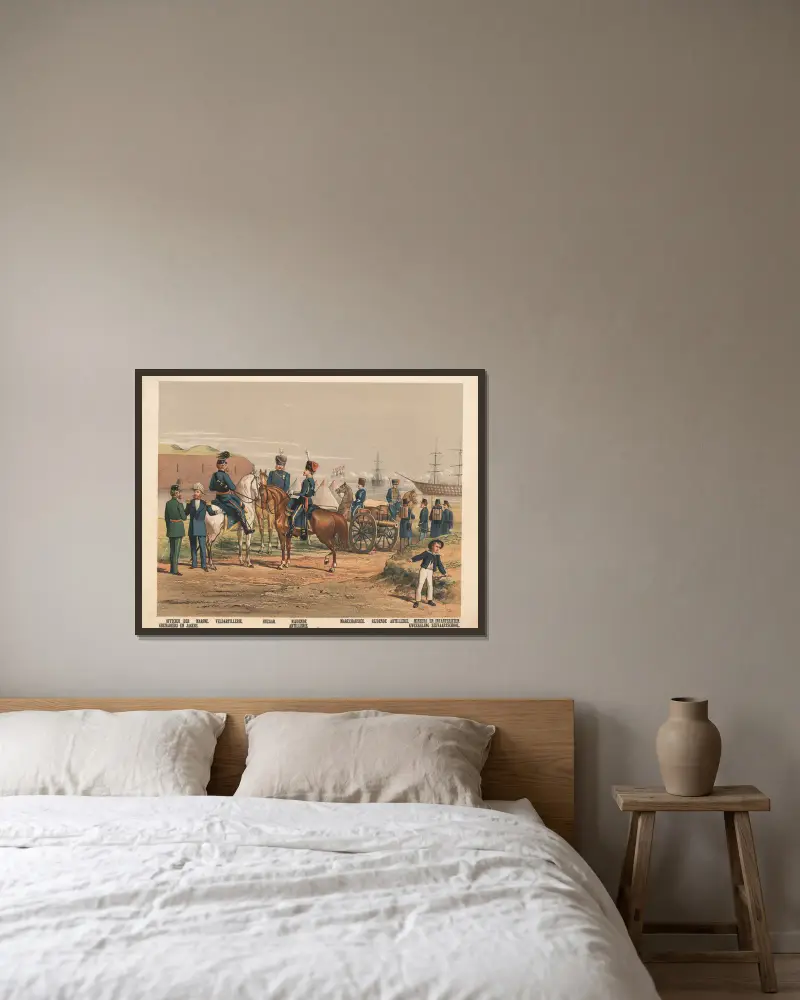 Offizier der Grenadiere und Jäger. Berittene Artillerie. Marechaussee. Berittene Artillerie. Zögling der Seefahrtsschule. von Hendrik Jan van Lummel gerahmt an einer Wand