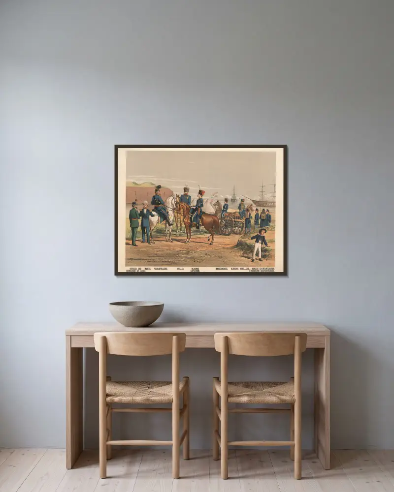 Offizier der Grenadiere und Jäger. Berittene Artillerie. Marechaussee. Berittene Artillerie. Zögling der Seefahrtsschule. von Hendrik Jan van Lummel gerahmt an einer Wand