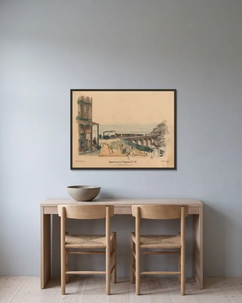 Järnväg och telegraf, nr 27 av Hendrik Jan van Lummel inramad på en vägg