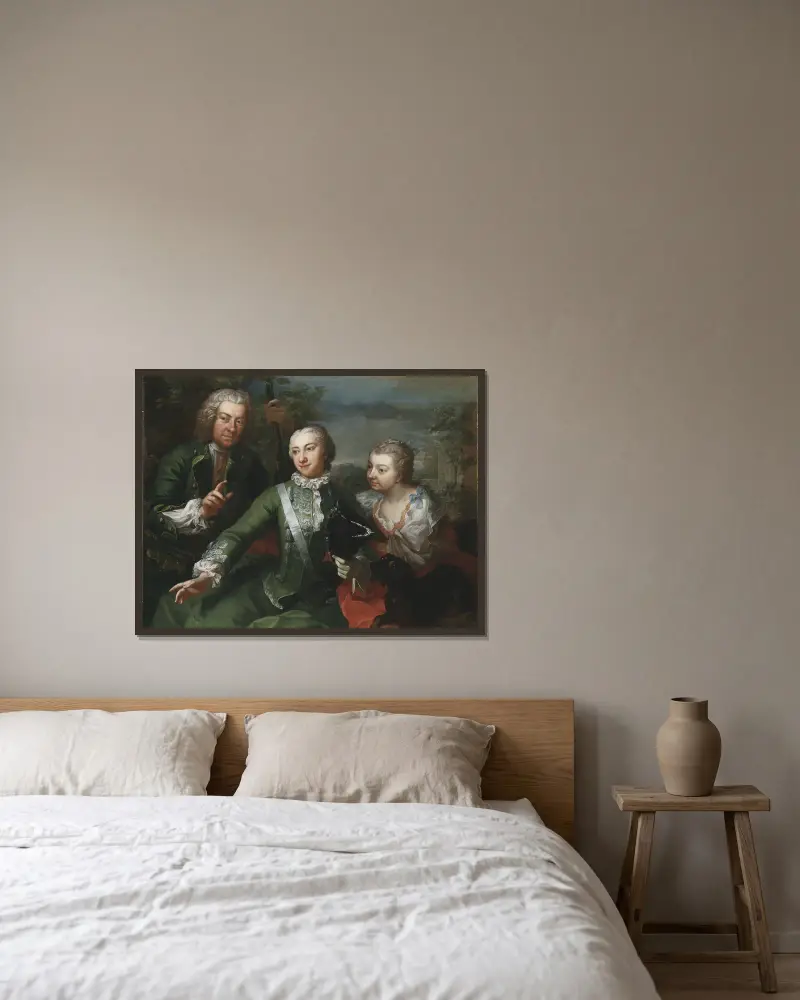 Carl Gustaf Tessin, Ulla Sparre af Sundby sowie Brita Stina Sparre, 1736 von Martin van Meytens gerahmt an einer Wand