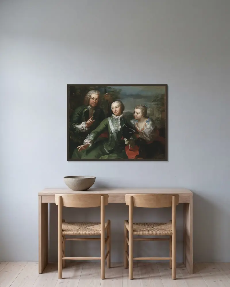 Carl Gustaf Tessin, Ulla Sparre af Sundby sowie Brita Stina Sparre, 1736 von Martin van Meytens gerahmt an einer Wand