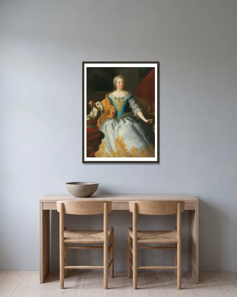 Porträt der Kaiserin Maria Theresia, Königin von Ungarn und Böhmen, mit der böhmischen und der erzherzoglichen Krone von Martin van Meytens gerahmt an einer Wand