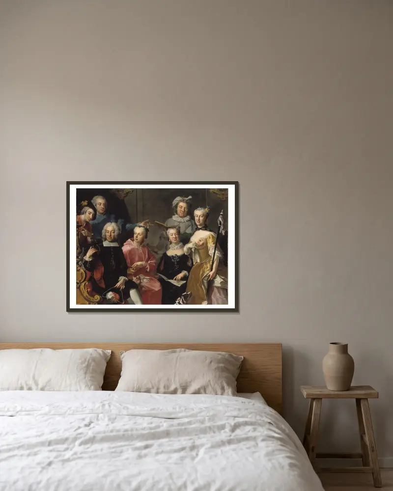 Ulrika Lovisa Tessin, Carl Gustaf Tessin, Erik Sparre, Johan Gabriel Sack, Nils Bielke, Eva Bielke och Hedvig Elisabet Sack av Martin van Meytens inramad på en vägg
