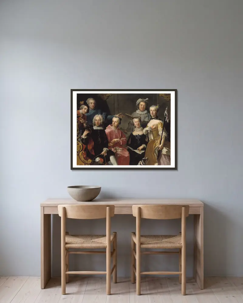 Ulrika Lovisa Tessin, Carl Gustaf Tessin, Erik Sparre, Johan Gabriel Sack, Nils Bielke, Eva Bielke och Hedvig Elisabet Sack av Martin van Meytens inramad på en vägg