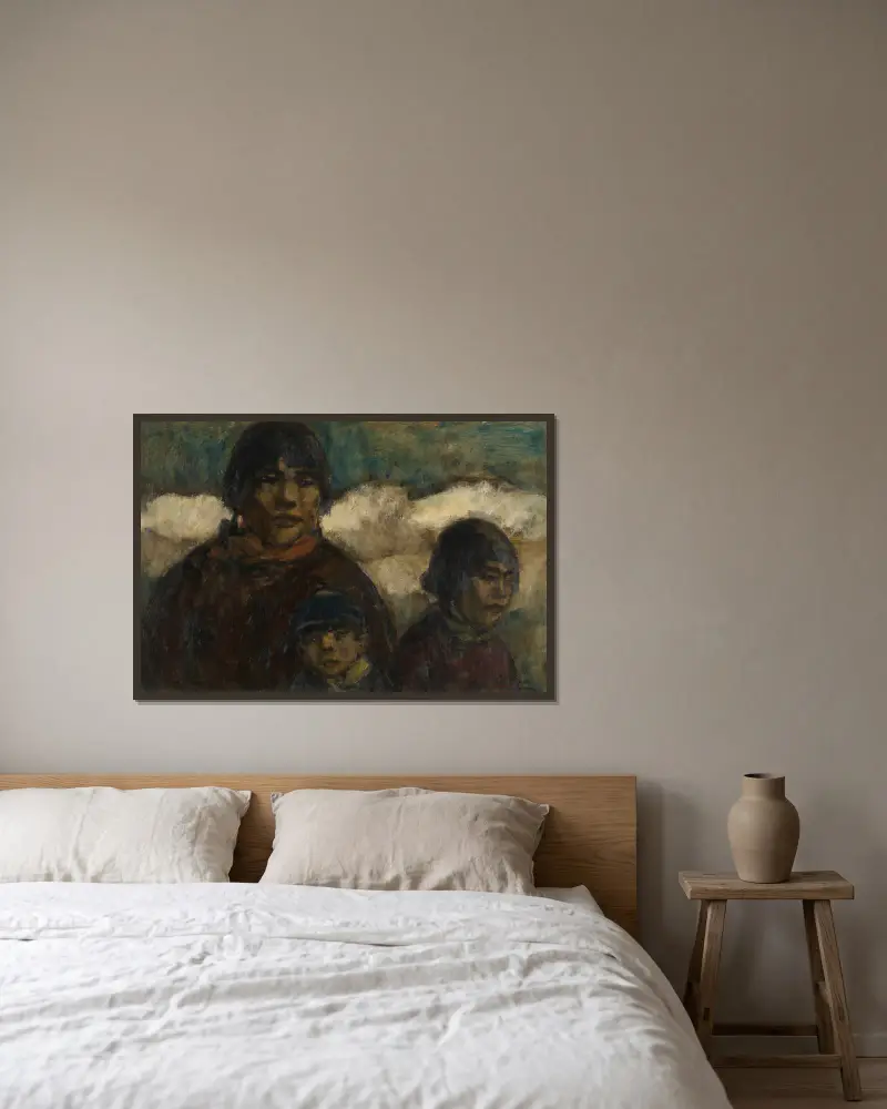 Frau und Kinder am Hafen von Eugeen Van Mieghem gerahmt an einer Wand
