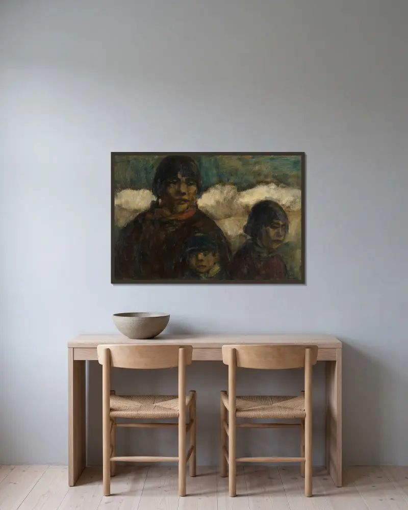 Frau und Kinder am Hafen von Eugeen Van Mieghem gerahmt an einer Wand
