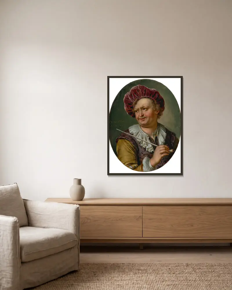 A man holding a pipe av Willem Van Mieris inramad på en vägg