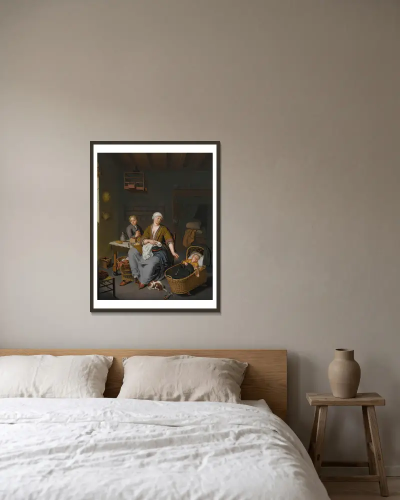 En ung mor som sköter sina två barn i en hemmiljö av Willem Van Mieris inramad på en vägg