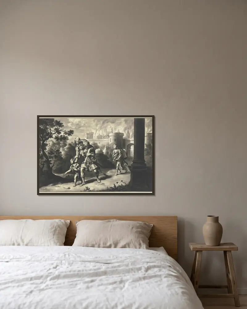Aeneas bär Anchises ut ur det brinnande Troja av Willem Van Mieris inramad på en vägg