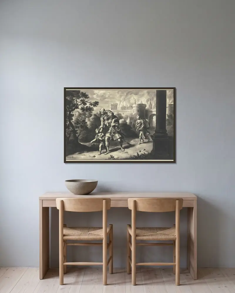 Aeneas bär Anchises ut ur det brinnande Troja av Willem Van Mieris inramad på en vägg
