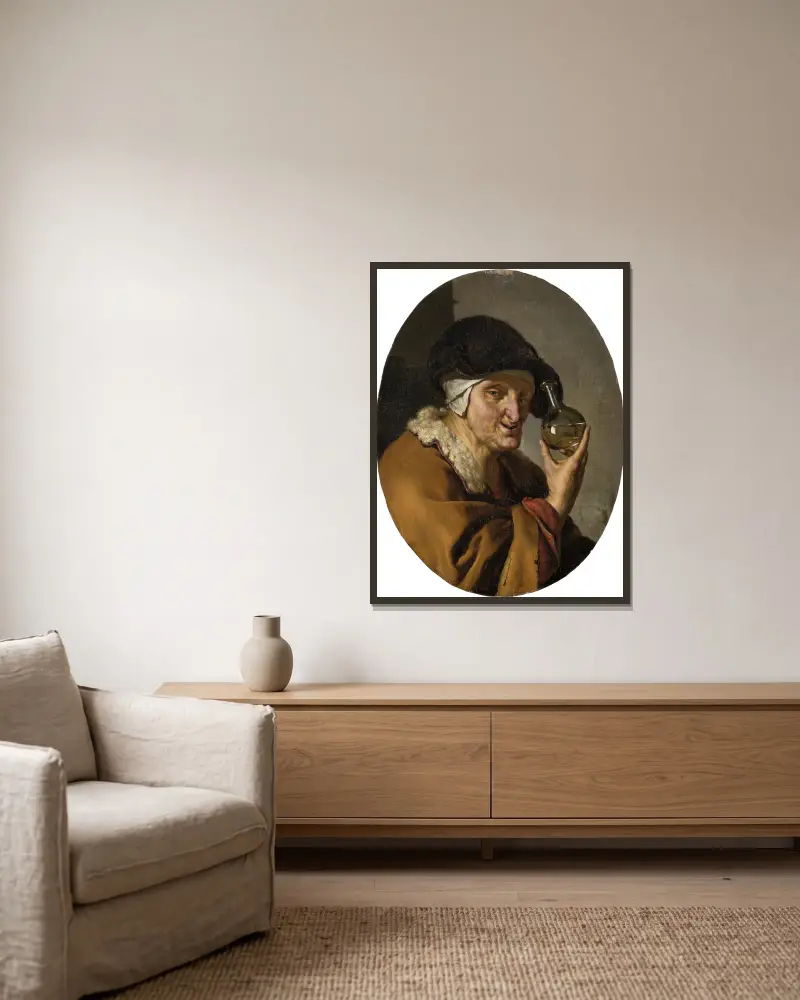 En gammal kvinna med urglas; 'Kvacksalvaren' av Willem Van Mieris inramad på en vägg