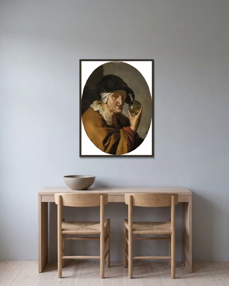 En gammal kvinna med urglas; 'Kvacksalvaren' av Willem Van Mieris inramad på en vägg