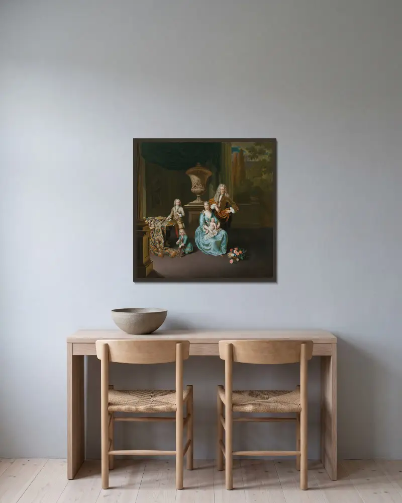 Diederik Baron van Leyden van Vlaardingen (1695–1764), borgmästare i Leiden, med sin hustru Sophia Dina de Rovere och deras söner Pieter, Jan och Adriaan Pompejus av Willem Van Mieris inramad på en vägg