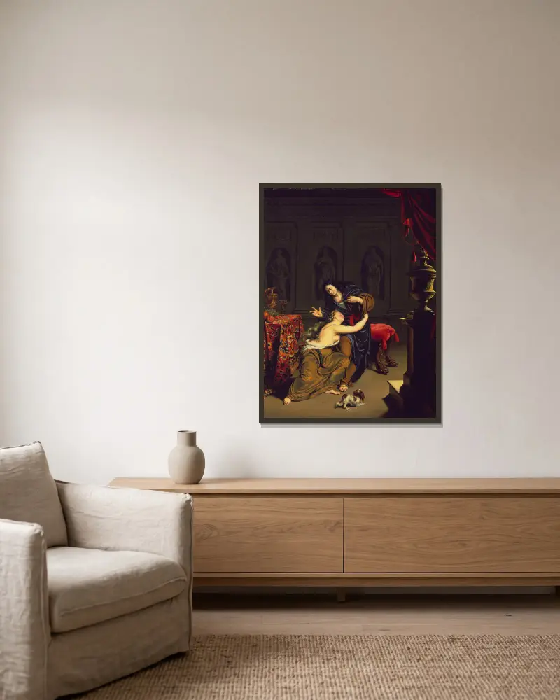 Joseph und Potiphers Frau von Willem Van Mieris gerahmt an einer Wand