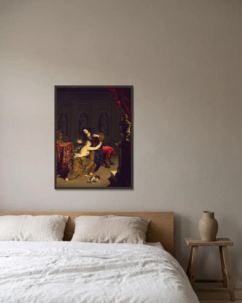 Joseph und Potiphers Frau von Willem Van Mieris gerahmt an einer Wand