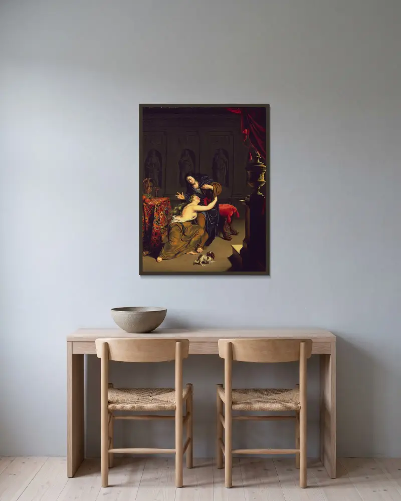 Joseph und Potiphers Frau von Willem Van Mieris gerahmt an einer Wand