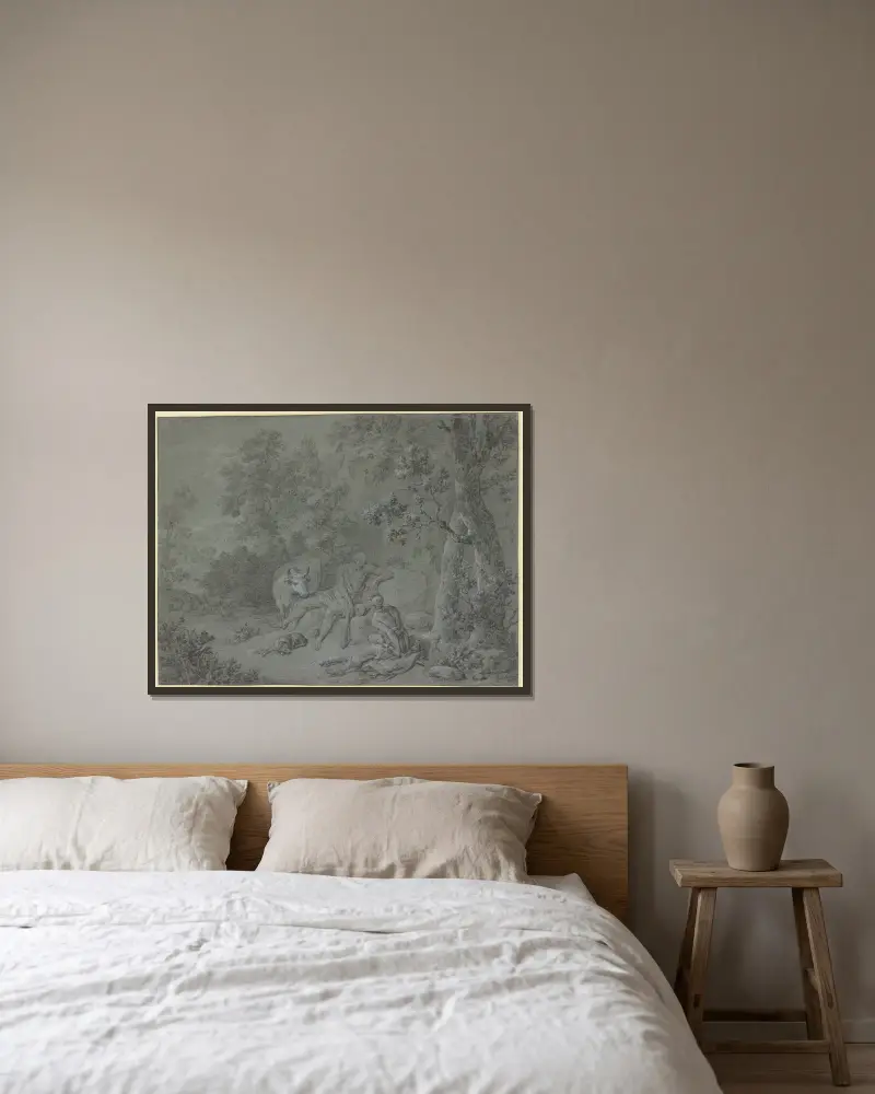 Merkur und Argus von Willem Van Mieris gerahmt an einer Wand