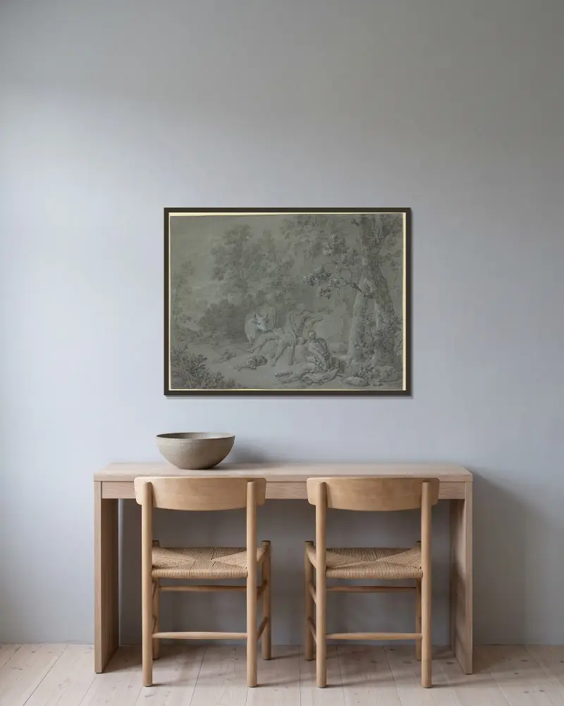 Merkur und Argus von Willem Van Mieris gerahmt an einer Wand