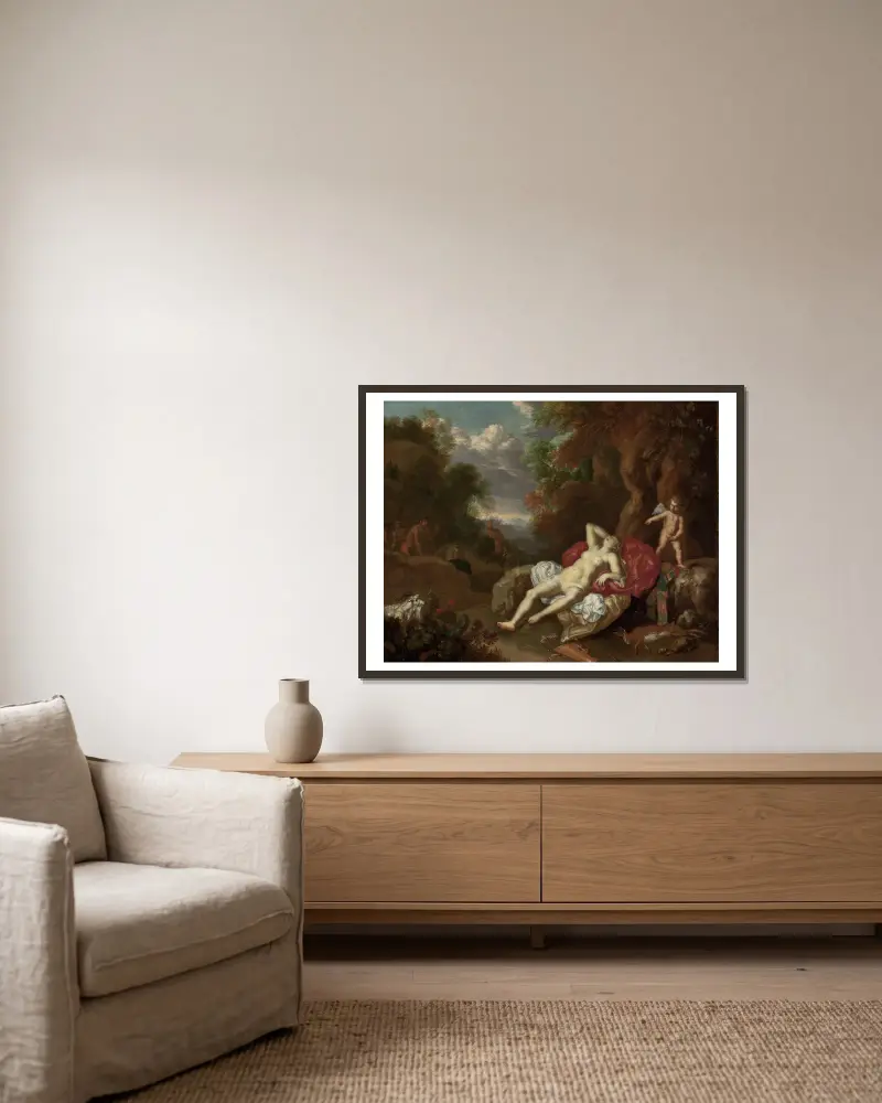 Schlafende Venus von Willem Van Mieris gerahmt an einer Wand