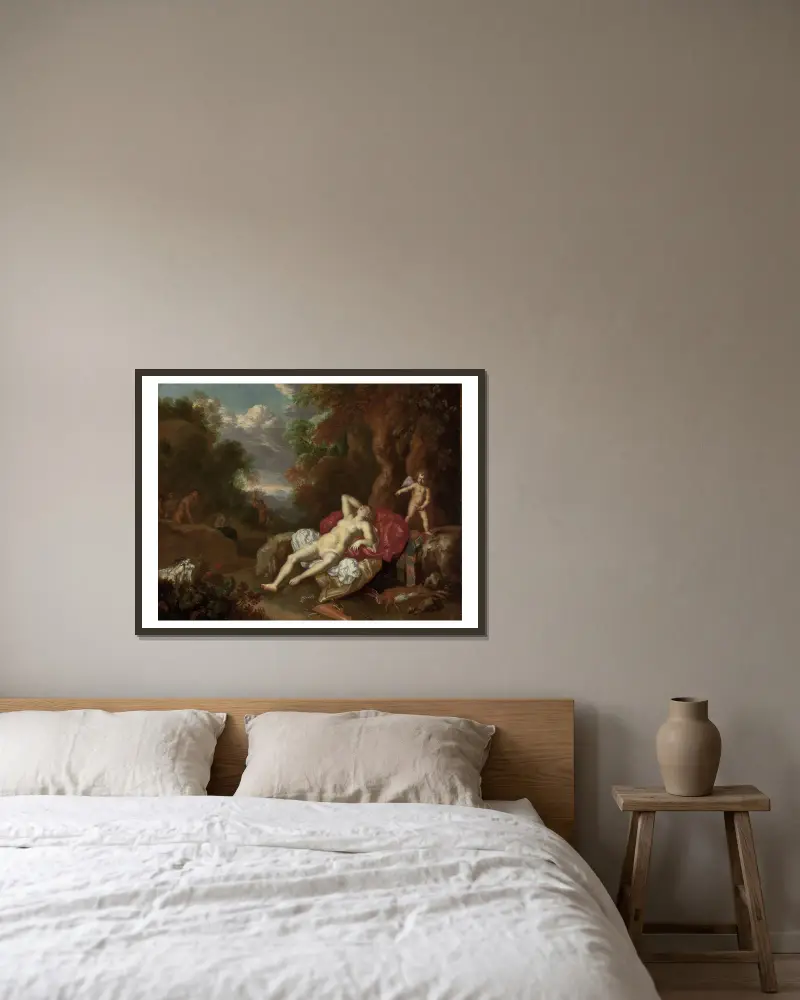 Schlafende Venus von Willem Van Mieris gerahmt an einer Wand