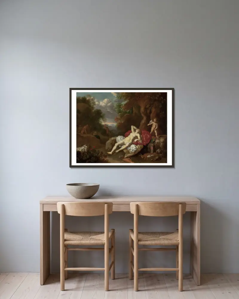 Schlafende Venus von Willem Van Mieris gerahmt an einer Wand