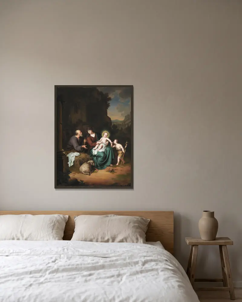 Den heliga familjen och Johannes döparen av Willem Van Mieris inramad på en vägg