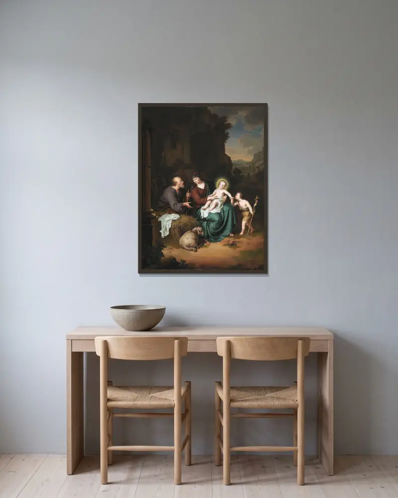 Den heliga familjen och Johannes döparen av Willem Van Mieris inramad på en vägg
