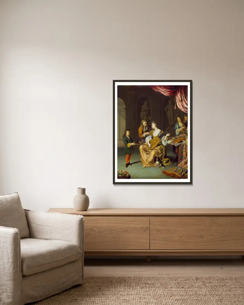 Der Lautenspieler von Willem Van Mieris gerahmt an einer Wand