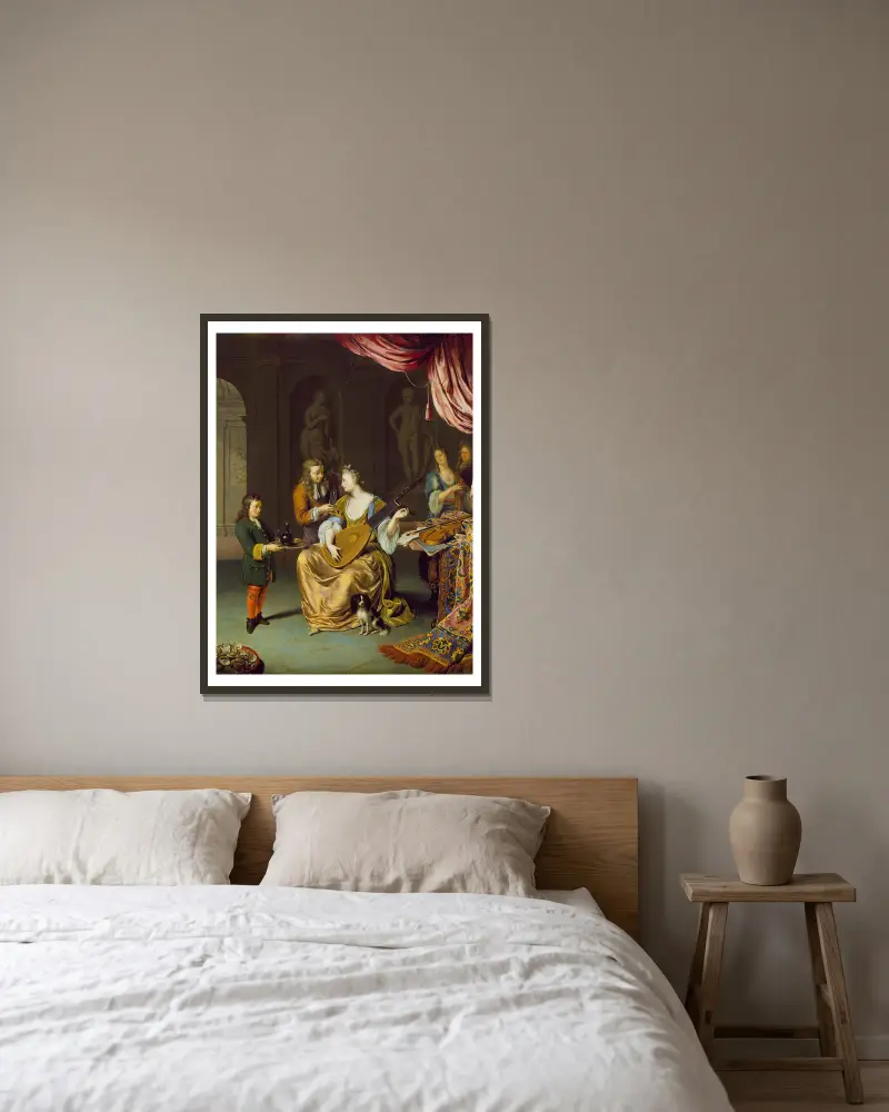 Der Lautenspieler von Willem Van Mieris gerahmt an einer Wand
